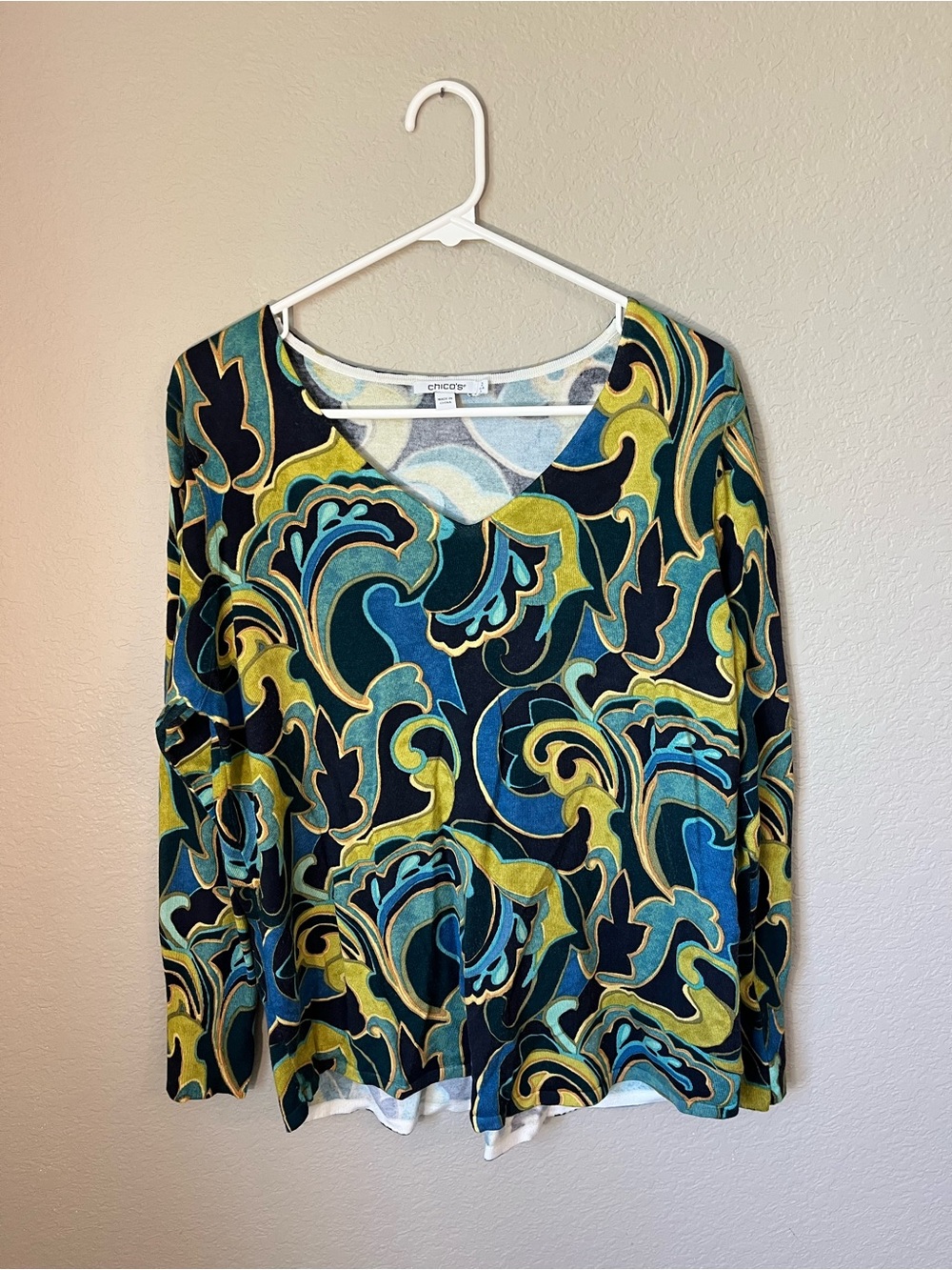 Chico’s Large Teal Green Abstract Scroll Paisley V-Neck Sweater Colorful Fall